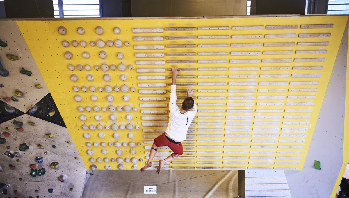 Ein Mann beim Training an einem gelben Campusboard. | © DAV/Frank Kretschmann